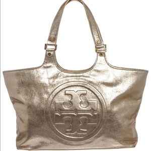 Tory Burch Silver Metallic Logo Tote